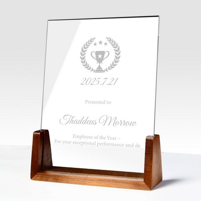 Custom Clear Crystal Glass Award Plaque with Wooden Base