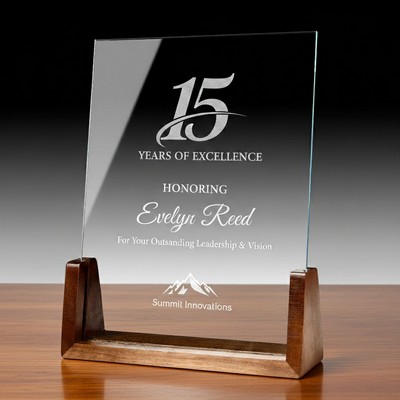 Clear Crystal Award Plaque, Wood Base